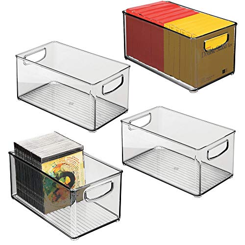 mDesign Stackable Plastic Storage Bin Container with Handles for Home Office - Holds Gel Pens Erasers Tape Pens Pencils Markers Notepads Highlighters Staplers - 5 High 4 Pack - Smoke Gray