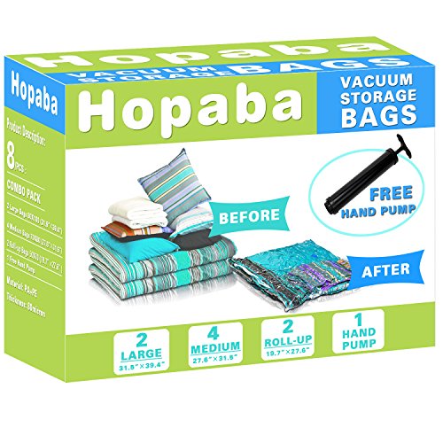 Hopaba 8 Pack Space Saver Vacuum Storage Bags-2 Jumbo 31x39 4 Large 28x31 2 Travel Roll Up 20x28 with Hand Pump for Comforters Blankets Clothes