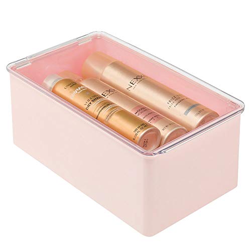 mDesign Plastic Stackable Storage Container Bin Box Hinged Lid - Bathroom Cabinet Organizer for Toiletries Makeup First Aid Hair Accessories Bar Soap Loofahs Bath Salts - Light PinkClear