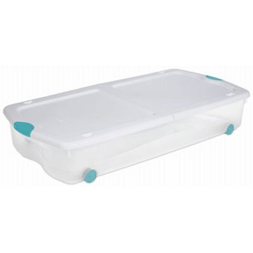 Sterilite 18958004 67-Quart See-Through Wheeled Underbed Latch Box with White Lid and Peacock Latches