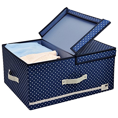 Jumbo Foldable Thick Polyester Storage Bin Clothes Organizer Box with Lid and Removable Divider 60 L Blue Dot with Navy Blue Trim