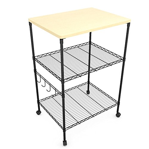Kitchen Wire Storage Shelving Rack 3-Shelf Microwave Cart Adjustable Height with Hooks Wheel