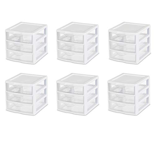 Sterilite 20738006 Small 3 Drawer Unit White Frame with Clear Drawers 6-Pack