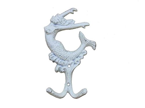 Hampton Nautical  Decorative Cast Iron Mermaid Key Hook 6 Whitewashed
