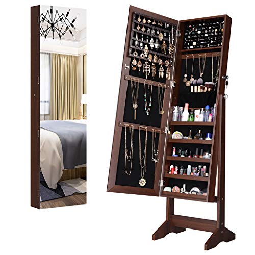 LANGRIA Jewelry Armoire Cabinet Full-Length Frameless Mirror Lockable Floor Standing Wall Mounting Large Capacity Jewelry Storage Organizer 4-Angles Tiltable Brown