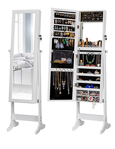 LUXFURNI LED Light Jewelry Cabinet Standing Mirror Makeup Lockable Armoire Large Storage Organizer wDrawers White L
