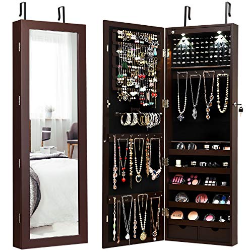Giantex WallDoor Mounted Jewelry Armoire Organizer with 2 LED Lights Lockable Height Adjustable Jewelry Cabinet with Full Length Mirror Large Capacity Dressing Makeup Jewelry Mirror Storage Brown