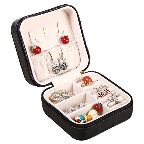PUSU Small Travel Jewelry Box Organizer PU Leather Portable Jewelry Storage Case for Cosmetics Beauty Ring Necklace Earring Bracelets Makeup Black