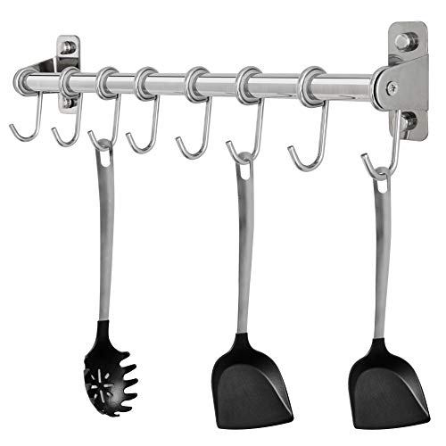WEBI Utensil Rack Wall MountKitchen Rail with 8 Kitchen Sliding HooksUtensil Holder Hanger Pot Rod for Hanging Kitchen ToolsTowelPanChromed