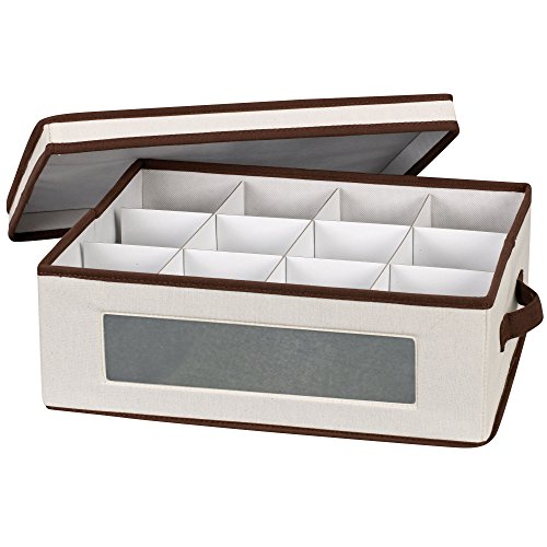 Household Essentials 538 Vision China Storage Box for Tea Cups and Mugs with Lid and Handles  Natural Canvas with Brown Trim