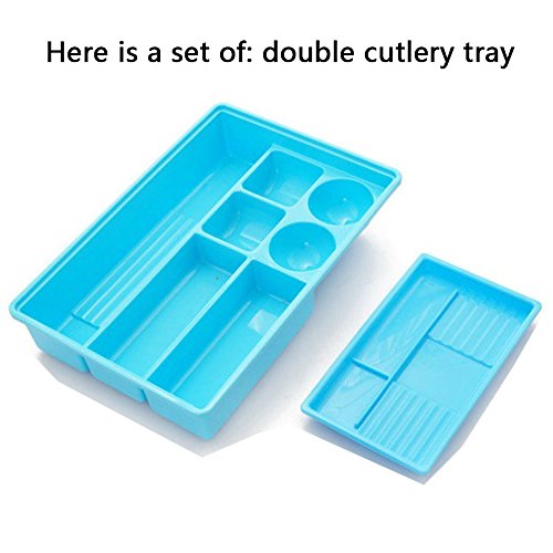 Loghot Plastic Multifunction Flatware Drawer Organizer Double Layer Kitchen Cutlery Tray with Non-slip Bottom 122x83x24 in Blue