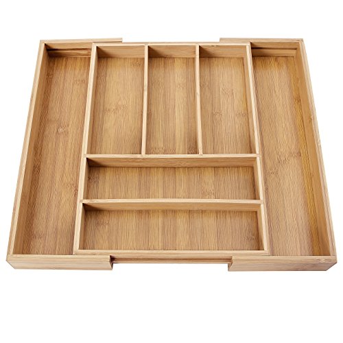 SONGMICS Bamboo Cutlery Tray Expandable Utensil Organizer Flatware Drawer Dividers Kitchen Storage Organizer UKAB801