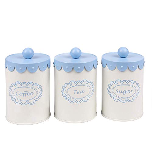 Home By Jackie X789 Set of 3 Metal Kitchen Food Storage Tin CanisterJarContainer with Flower Lid blue