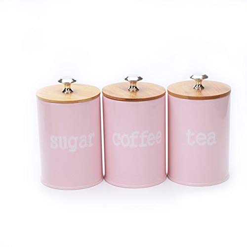 Hot Sale X022S Set of 3 Metal Kitchen Food Storage Tin CanisterJarContainer with Bamboo Lid Matte Pink