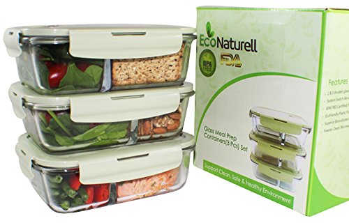 EcoNaturell Glass Meal Prep Containers 3-Pcs Set with 3 and 2 Dividers Portion Control  BPA-FREE Leakproof Food Storage Organization  Air Vent Lids System  Freezer Oven Microwave Safe