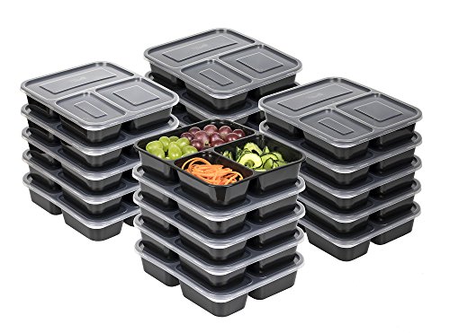 Veneto Kitchens 20-Piece 3 Compartments Containers Bento Box-Style Microwave and Dishwasher-Safe Stackable Food Storage For Meal Prep With Lids