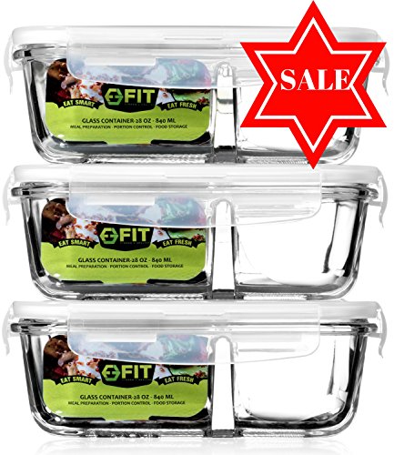 Glass Meal Prep Food Storage Containers with Lids 3 Pack - 2 Compartment Containers  Vented Snap Locking Lids  Portion Control  Lunch Containers  Lunch Boxes  Bento Boxes  Leakproof