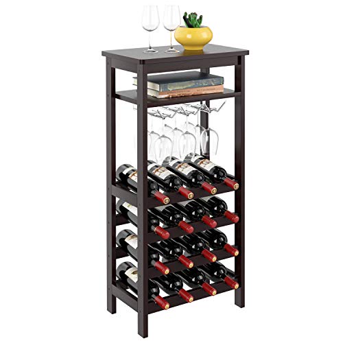 Homfa Bamboo Wine Rack Free Standing Wine Holder Display Shelves with Glass Holder Rack 16 Bottles Stackable Capacity for Home Kitchen Retro Color