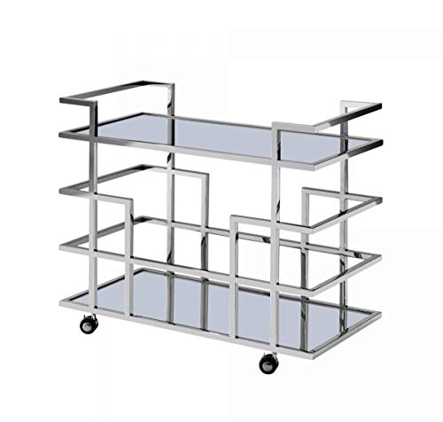 Limari Home Carbury Collection Modern Style Mirrored Glass Shelving Mobile Wine Rack With Stainless Steel Frame 4 Wheel Legs Silver