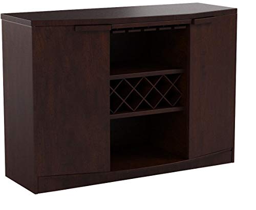 Wine BAR Buffet and Storage Cabinet with Center Glass and Wine Rack Side Shelves and Open Focal Point Shelf Walnut