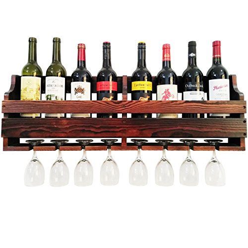TUORUI Wine Rack Wall MountedWine Glass Wine Bottle Display RackPine Wood8 Bottle 8 Long Stem Glass Holder（Charcoal Walnut Color）