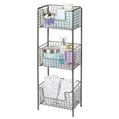mDesign 3 Tier Vertical Standing Bathroom Shelving Unit Decorative Metal Storage Organizer Tower Rack with 3 Basket Bins to Hold and Organize Bath Towels Hand Soap Toiletries - Graphite Gray