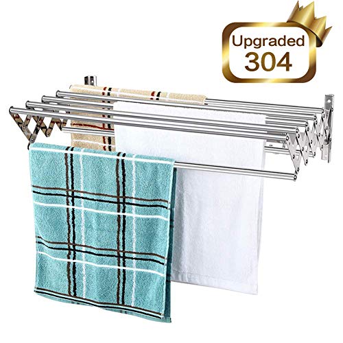 Mertonzo Folding Clothes Drying Rack Wall Mount 304 Stainless Steel Retractable Laundry Drying Rack Bathroom Towel Rack with Hooks Rustproof Space-Saving Clothing Hanger for Indoor Outdoor