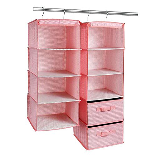 SuperB2C Cotton Foldable 5-Shelf Hanging Closet Organizer with Two Drawer for ClothesShoesHatsScarves Storage Pink