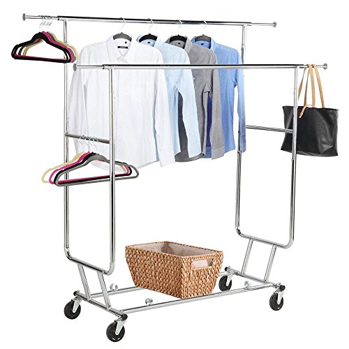 Yaheetech Commercial Clothing Garment Rack Rolling Collapsible Rack Hanger Holder Heavy Duty Double Rail Clothes Rack Extendable Clothes Hanging Rack 2 Omni-directional Casters wBrake250 lb Capacity