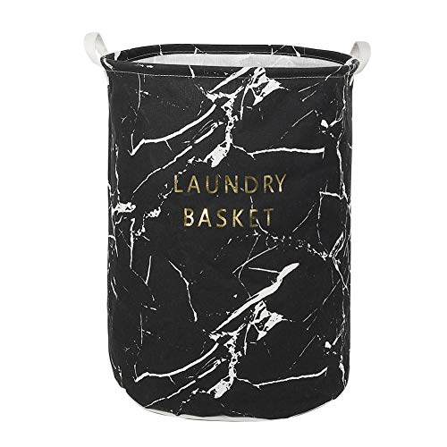 UUJOLY Collapsible Laundry Basket Laundry Hamper with Handles Waterproof Round Cotton Linen Laundry Hamper Marble Household Organizer Basket 138x177 inches Black