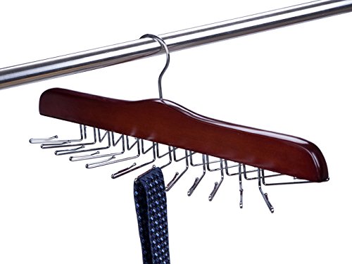Amber Home Gugertree Wooden Tie and Belt Racks Tie Organizer Hangers Holds 24 Ties Cherry Color 1 Pack Chrome Hook