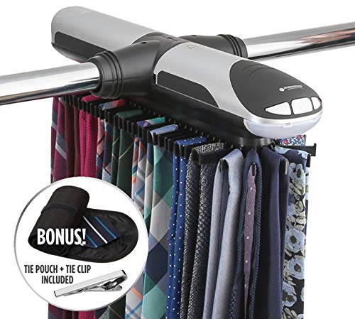 StorageMaid Motorized Tie Rack Organizer for Closet with LED Lights - Battery Operated - Holds 72 Ties and 8 Belts - Includes J Hooks for Wire Shelving - Bonus Tie Travel Pouch Tie Clip