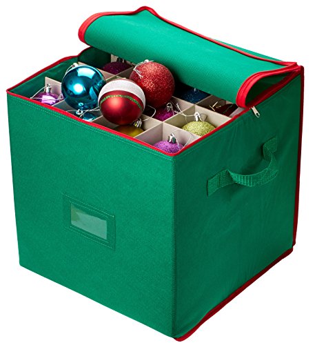 Christmas Ornament Storage - Stores up to 64 Holiday Ornaments Adjustable Dividers Zippered Closure with Two Handles Attractive Storage Box Keeps Holiday Decorations Clean and Dry for Next Season