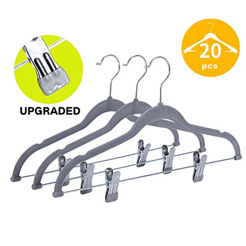 Qiangson Velvet Hangers with Clips 20 Pack Trousers Pants Hangers Non-Slip Ultra Thin Coat Hangers with 360 ° Swivel Hook Grooves for Suits Skirts Dresses Tank Tops Slip Clothes 165inch Gray