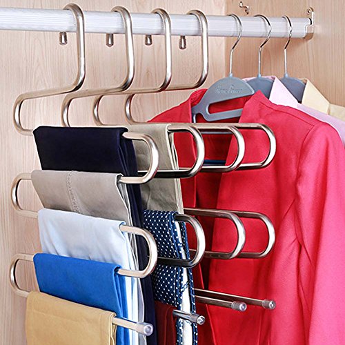 Adealink Pants Hangers S-type Stainless Steel Rack 5 Layers Closet Hanger Storage Rack for Clothes Towel Scarf Tie 4pcs