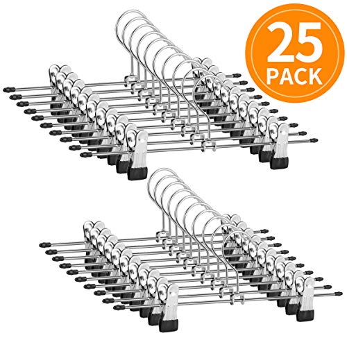 AMKUFO 25 Pack Pant Hangers Skirt Hangers with Clips 12 Inch Metal Trouser Hangers with Adjustable Non-Slip Clips Hangers Space Saving for Pants Skirts Clothes