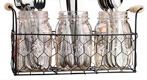 Set of 3 Clear Glass Mason Jars in Wire Tray with Wooden Handles Flatware Caddy Organizer Set for Home Parties