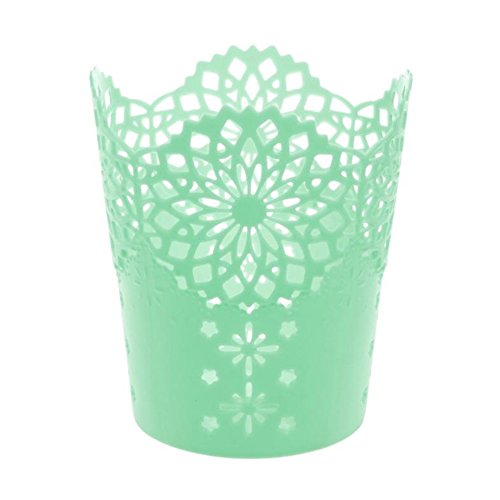 Hollow Flower Pattern Cylinder Desk Office Supplies Make Up Brushes Plastic Pen Pencil Pot Holder Organizer Stationery ContainerGreen
