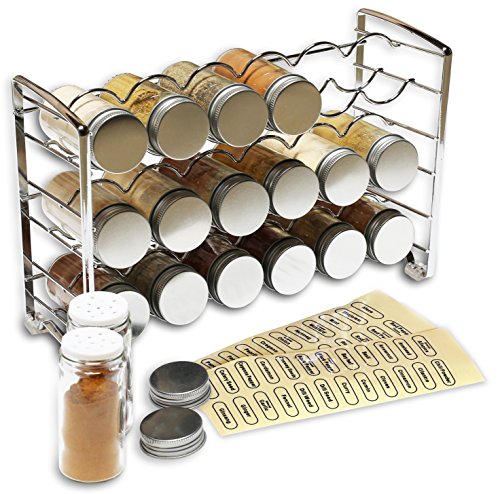 DecoBros Spice Rack Stand holder with 18 bottles and 48 Labels Chrome