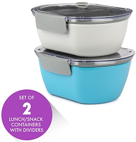 Zell Set of Two Lunch Boxes with Compartments Snap Lock Lids  Removable Tray Dividers  BPA Free Reusable Food Storage Containers  For Kids Adults  Blue 6 x 5 x 25 in  Gray 6 x 5 x 25 in