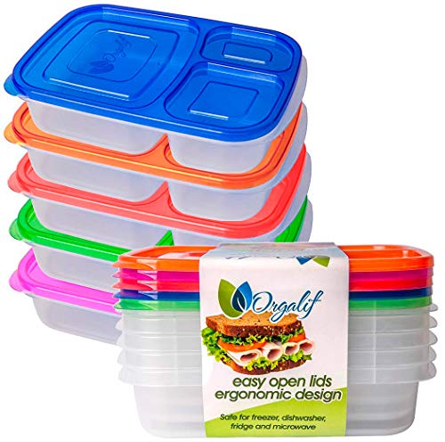 Orgalif Lunch Container for kids 3-Comparment Reusable Plastic Bento Lunch Box Set of 5