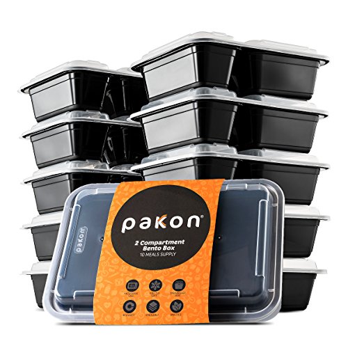 Pakkon 2 Compartment Plastic Bento Lunch Box with Airtight Lid Pack of 10