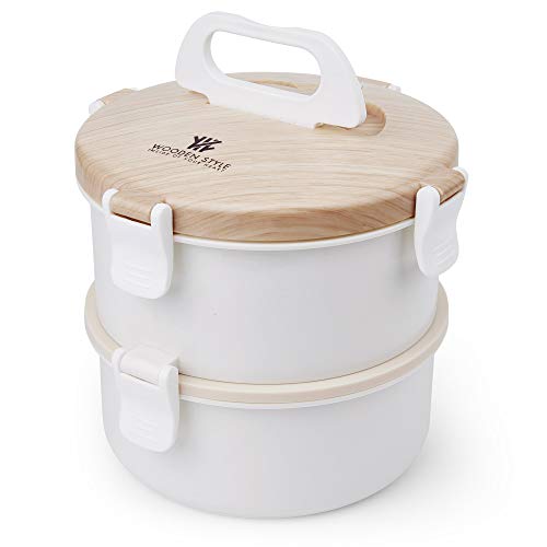 Stainless Steel Bento Lunch Box  Stackable Compartment White Bamboo Design Bento Box  2-Tier Portable Insulated Lunch Box with UtensilWhite