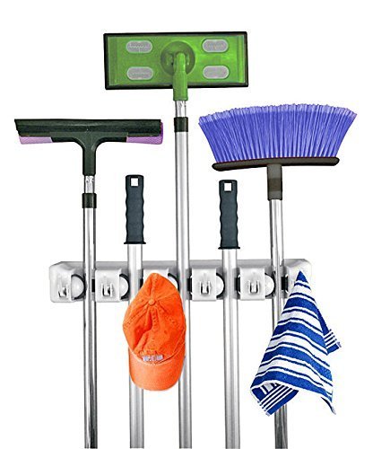 Home- It Mop and Broom Holder 5 position with 6 hooks garage storage Holds up to 11 Tools storage solutions for broom holders garage storage systems broom organizer for garage shelving ideas