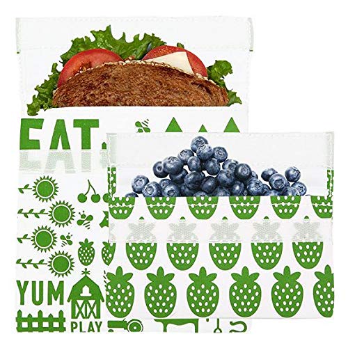 Lunchskins Reusable 2 Piece Food Storage Bag Set 1 Sandwich Bag  1 Snack Bag Green Farm