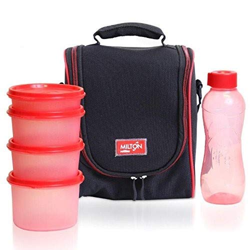Milton LUNCH BAG ~ SET of 6 ~ Insulated Lunch Box With Reusable and Leak Proof Containers and Water Bottle Double Zipper Lunch Bag For Adults and Kids ~Great for School~ Black