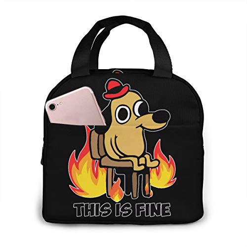 This is Fine Dog Meme Existence is Pain Reusable Insulated Lunch Bag Tote Bag Lunch Box Woman Man Work Picnic Or Travel Black