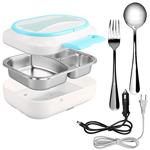 Portable Food Warmer - 3 Compartments Electric Lunch Box - Stainless Steel Spoon Fork -110 12v Heated Lunch Box With Car Adapter - Insulated Leakproof Hot Lunch Containers For Adults Kid Truck Driver