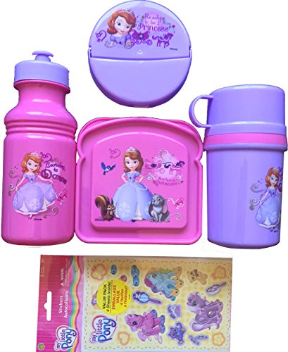 Sofia the First Classy Gift Set Includes Sofia the First Sandwich Container and Pull-top Water Bottle with Sofia the First Small Thermo Bottle and Snack Container with Bonus My Little Pony Stickers
