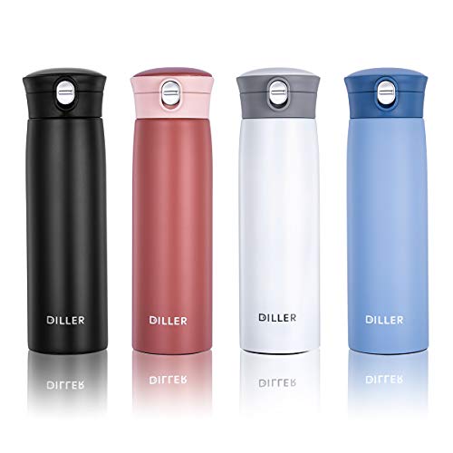 Diller Thermos Water Bottle Coffee Travel Mug 16 or 8 oz Kids Mini Water Bottle Tumbler with Spout Lid Leak Proof Flask for Kids and Women Keep 12H Piping Hot 24H Cold White 16 oz